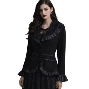 Roz & Ali Wool Blend Black Jacket Ruffle Trim M Romantic Gothic Dark Coquette